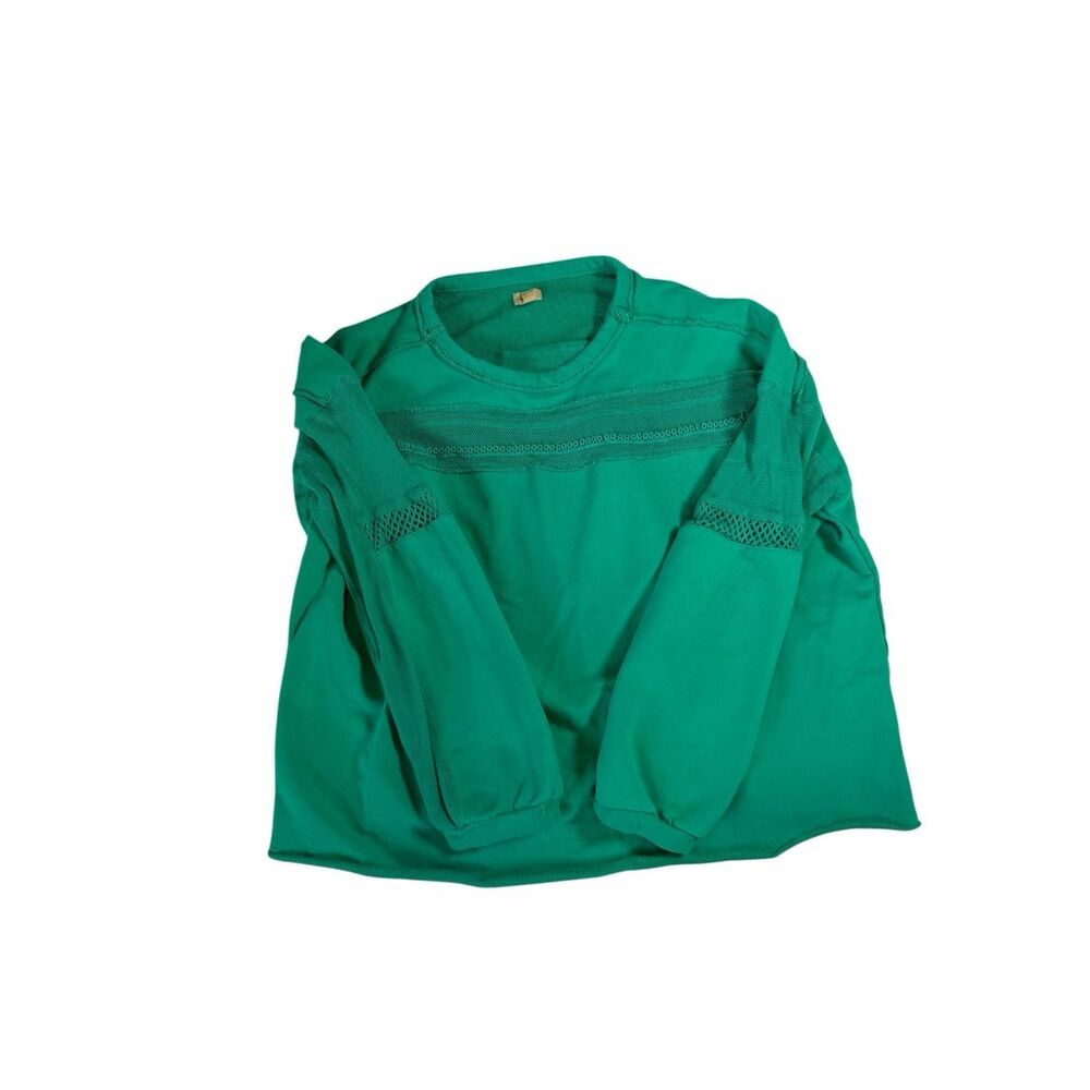 True Craft Boho Sweatshirt with Raw Hem Oversized Teal Green Jewel Mesh Small